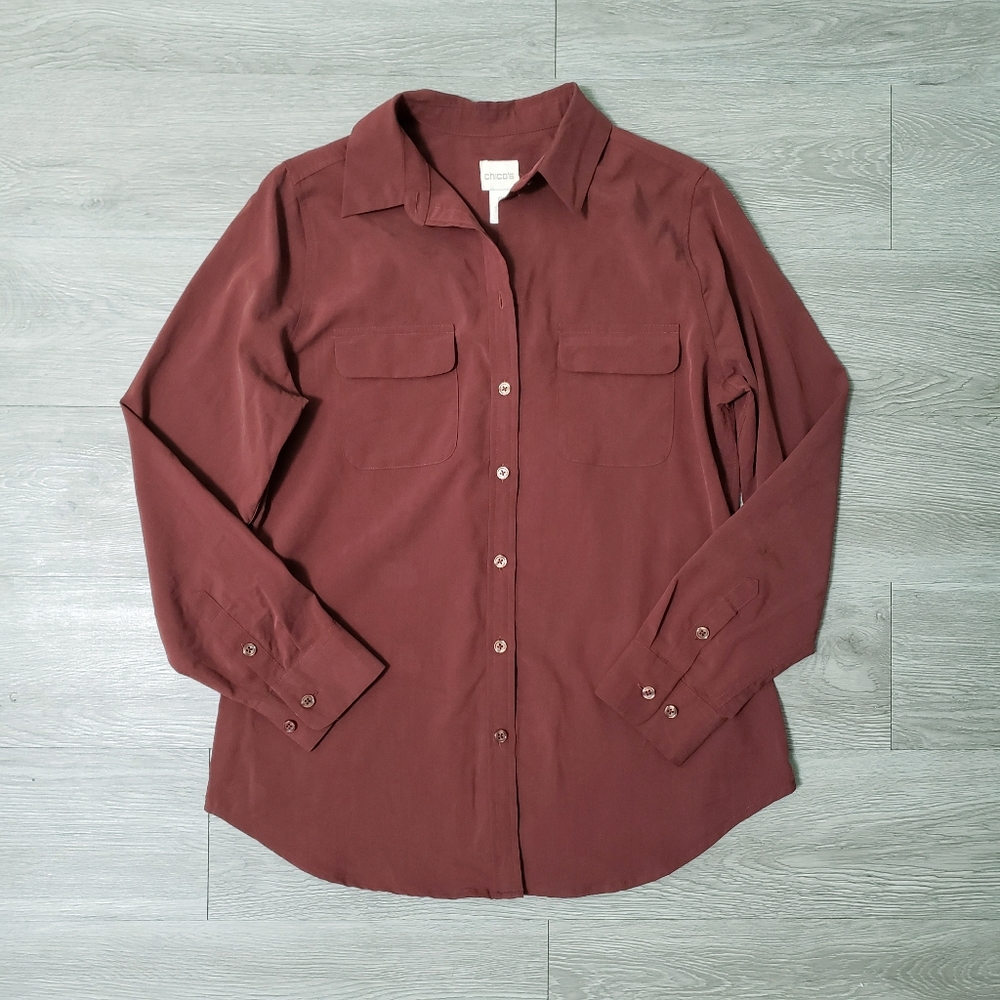 Chicos button up silky mahogany shirt size Small classic casual Fall Winter